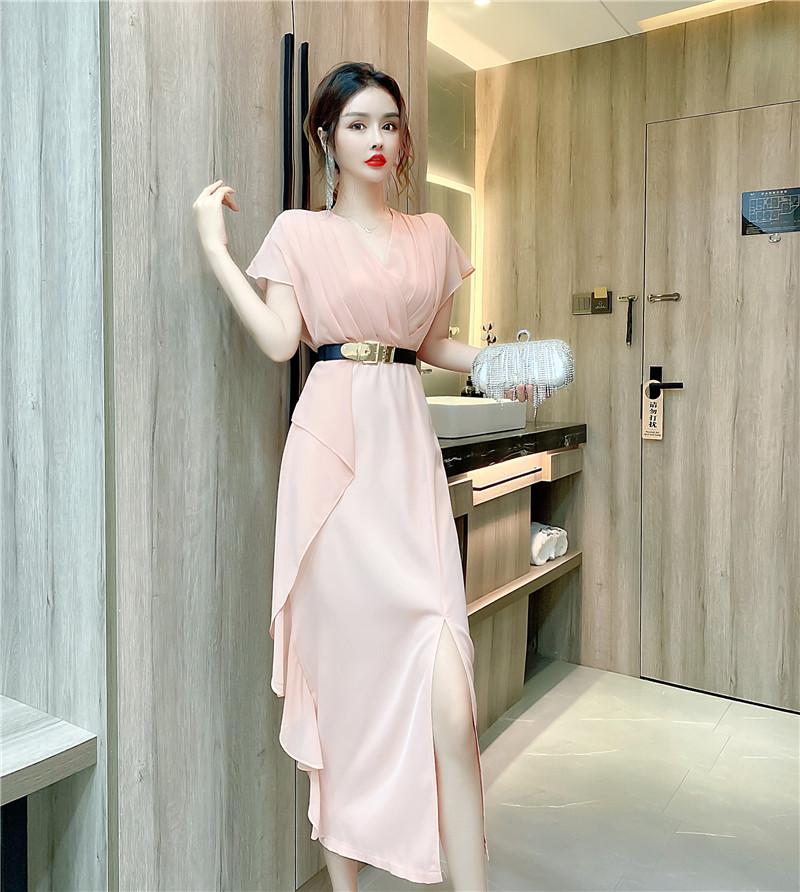 PF17664#高级感礼服裙子时尚气质V领雪纺拼接荷叶边开叉连衣裙女女裝貨源服裝批發