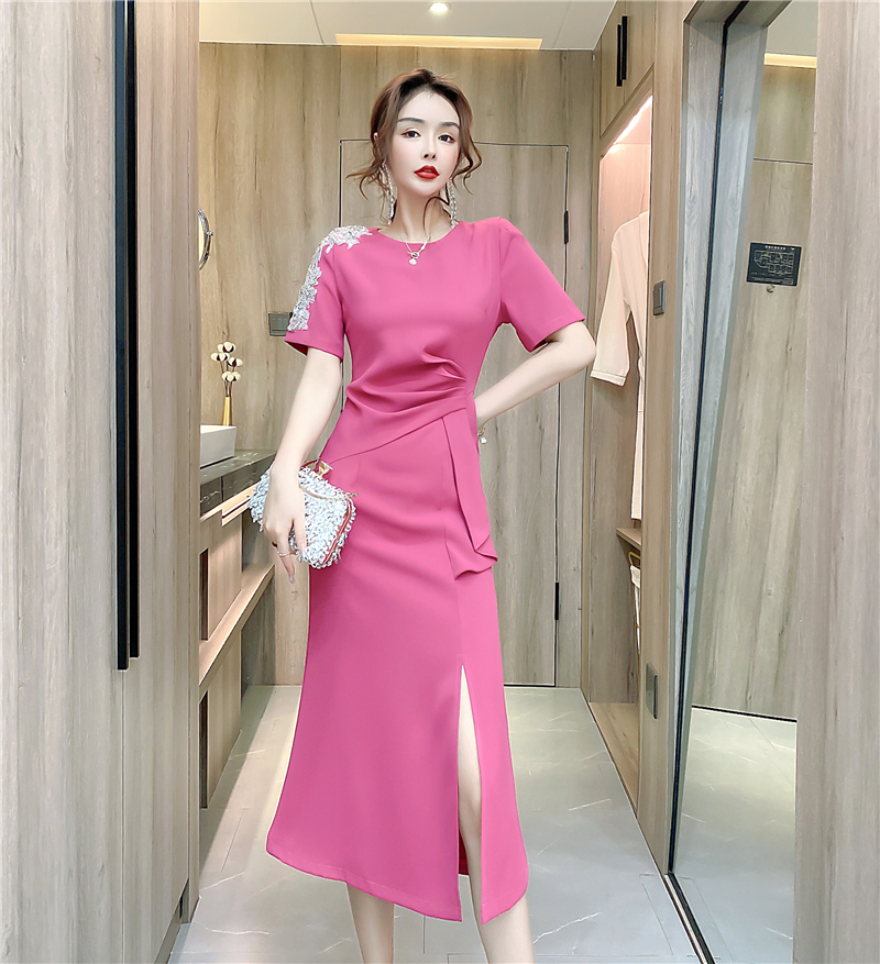 PF4346#夏装高级感重工钉珠气质宴会礼服修身鱼尾开叉优雅连衣裙女裝批發 服裝批發 服裝貨源