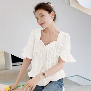 Bubble sleeve square neck French short shirt