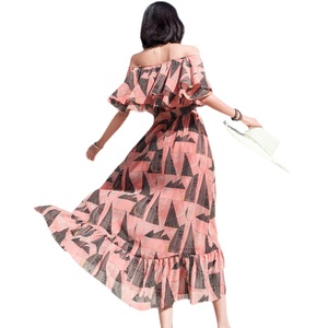 One shoulder dress with large swing Print Chiffon medium length skirt