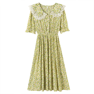 Summer Short Sleeve Chiffon pleated floral medium length dress