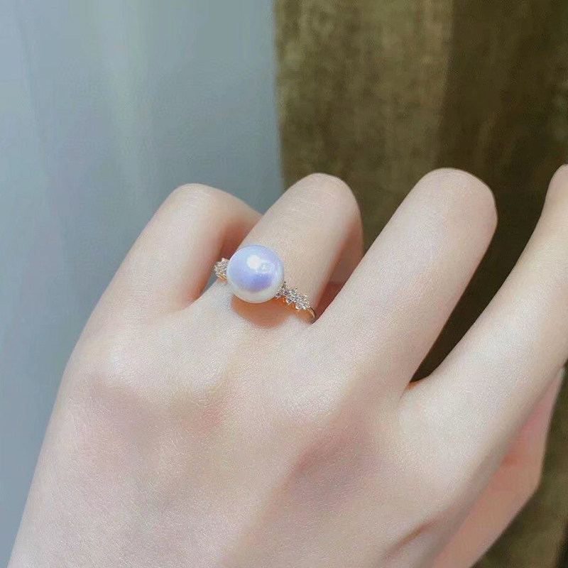 珍妮芙珠宝910mm正圆强光澳白海水珍珠戒指g18k金指环女礼物