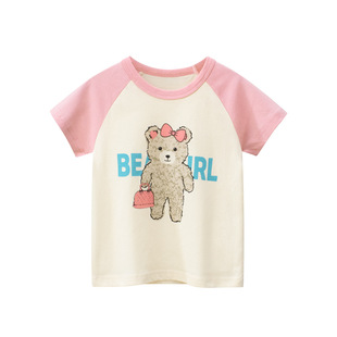 韩版童装夏季新品女童夏装卡通小熊短袖T恤宝宝衣服纯棉优质面料