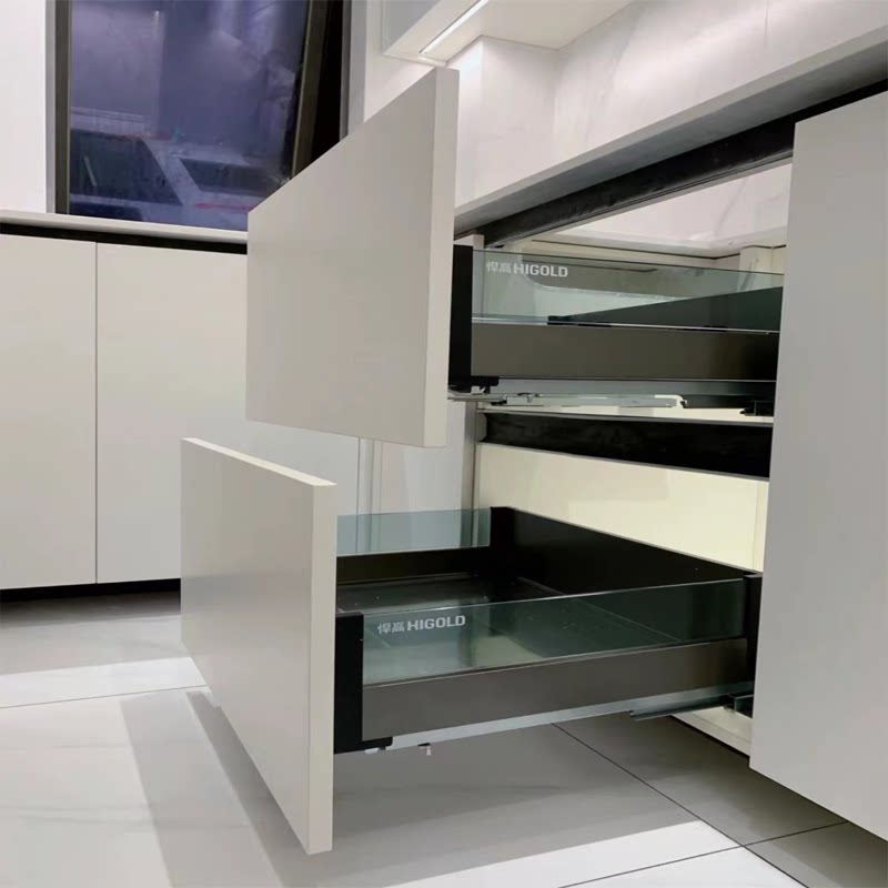 0拉篮太空铝玻璃抽屉式厨房橱柜双层阻尼缓冲三边碗篮