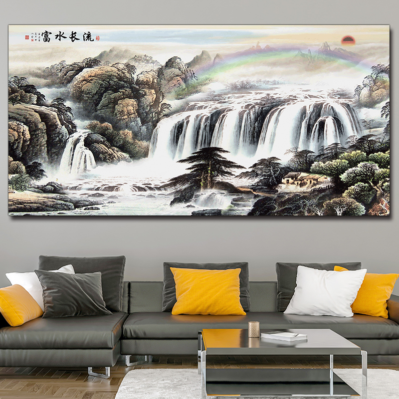 富水长流客厅山水画自粘墙贴沙发背景墙瀑布装饰壁画墙纸贴纸海报