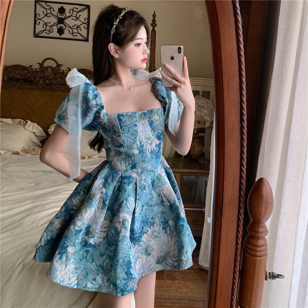 复古法式气质宫廷风短袖连衣裙女