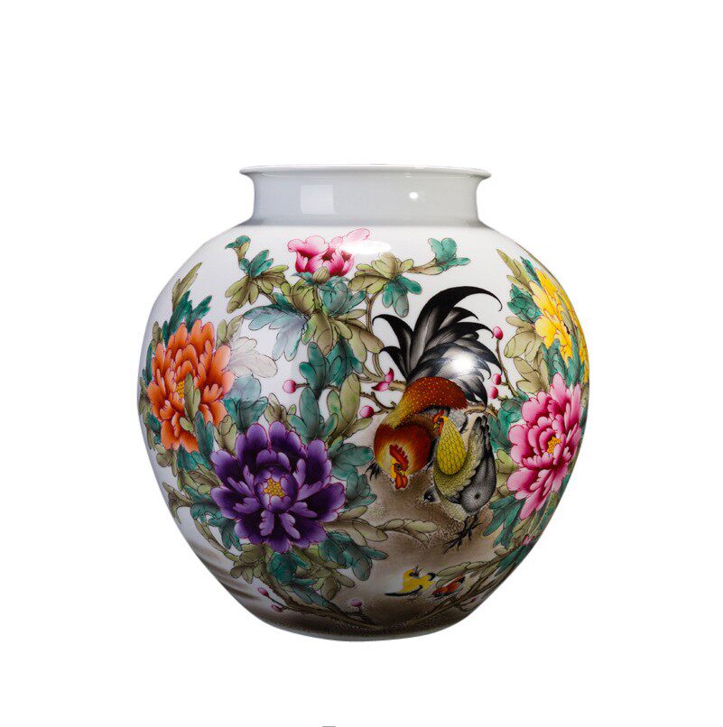 粉彩全家福吉(鸡)祥瓷瓶 景德镇工艺美术师作品
