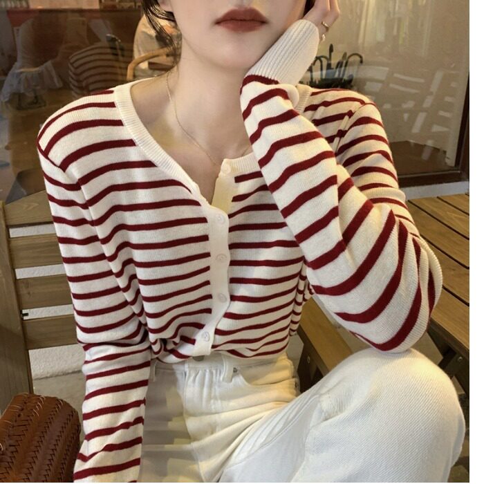 网红爆款2021新款早秋条纹针织开衫女装薄款毛衣外套ins长袖上衣