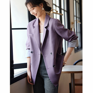GG。紫色西装外套女早春2024新款高级感时尚拼接气质职业休闲西服