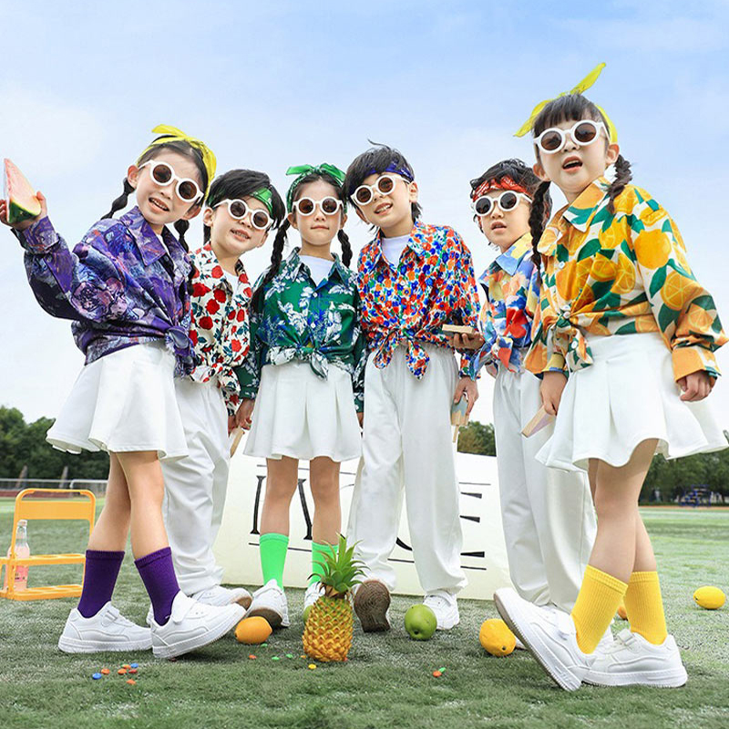 中小学生运动会服装啦啦队表演服儿童花衬衫复古港风街舞演出潮服