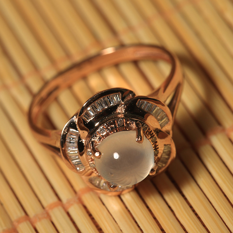 18k金伴钻镶嵌老坑冰种水润花型戒指 戒圈:14mm2.58g
