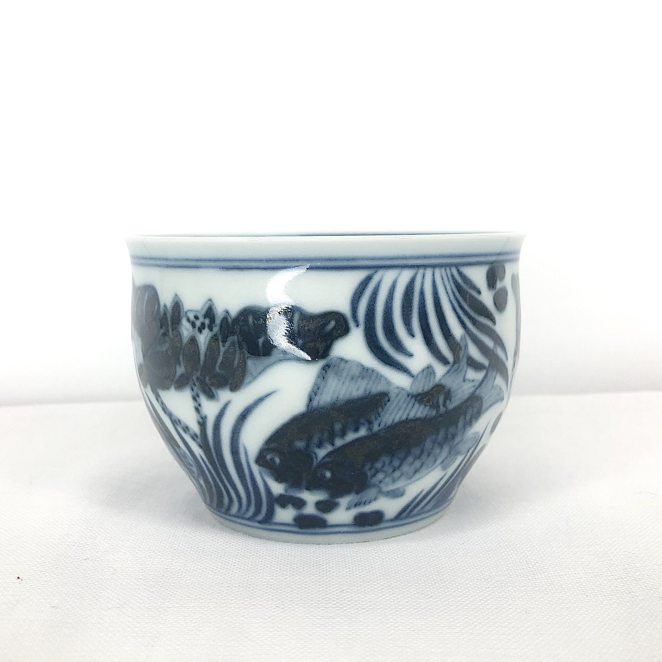 仟栩堂仿古元青花柴窑鱼藻纹锡斑带内绘卧足杯单杯主人杯