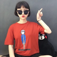 韩版女装夏季新款卡通小人印花短袖打底衫学生宽松上衣大码T恤女