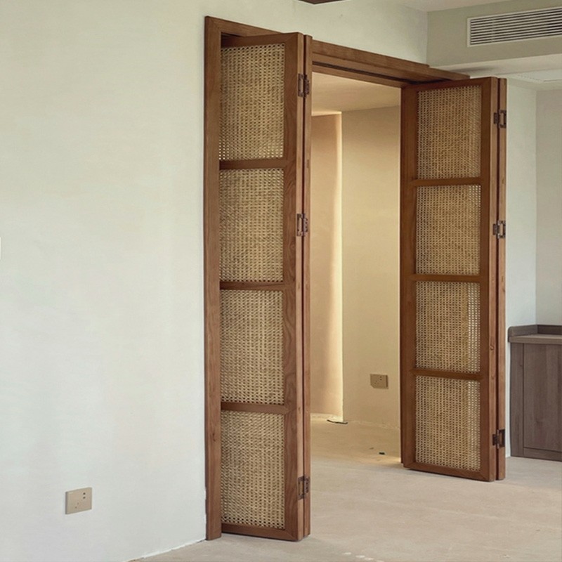 折叠门藤编屏风推拉门移门民宿木门酒店茶楼中式门装饰顶藤编柜门