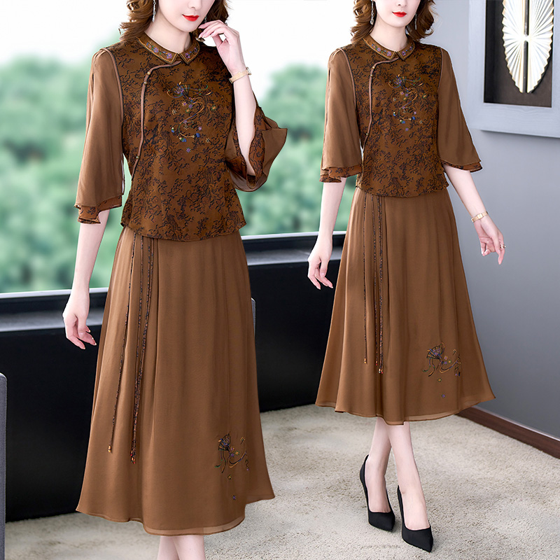 PF15955# 香云纱套装中式真丝上衣两件套喜婆婆婚宴礼服平时可穿女裝貨源服裝批發