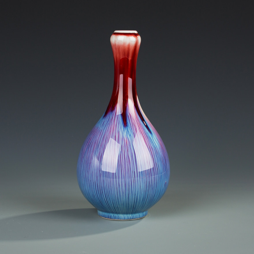 国家级颜色釉研究专家邓希平 彩色丝毛釉卷口胆瓶