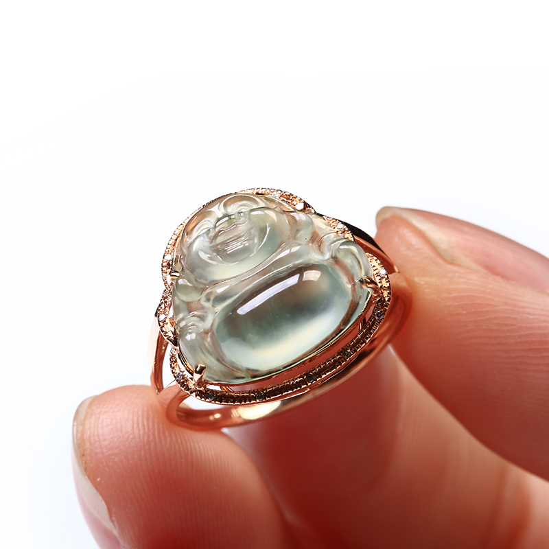 【笑口常开】18k金伴钻镶嵌冰种水润佛公翡翠戒指2.70g 13mm