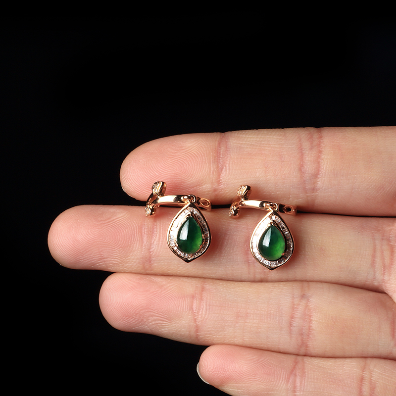 18k金伴钻豪华镶嵌冰种水滴翡翠时尚耳坠4.70g
