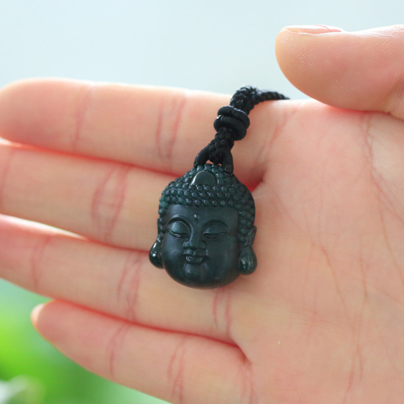 天然翡翠a货宝宝佛头墨翠挂件 12.31g(含绳)