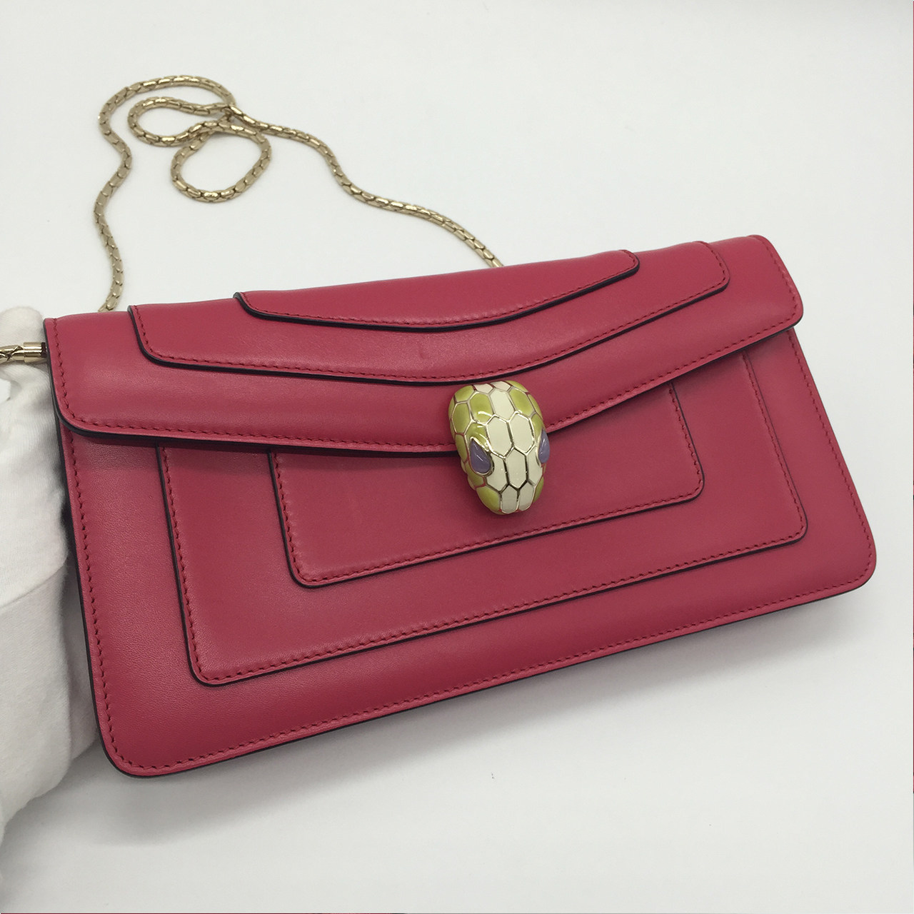 [9.5新]宝格丽bvlgari女士玫红色蛇头单肩包小号ae156