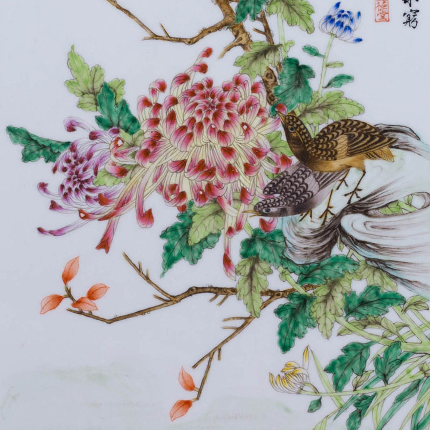 粉彩花鸟瓷板 景德镇资深老艺人曾强作