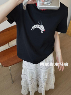 木马家 韩国高品质 卡通斑点小狗刺绣白色短袖T恤休闲宽松半袖tee