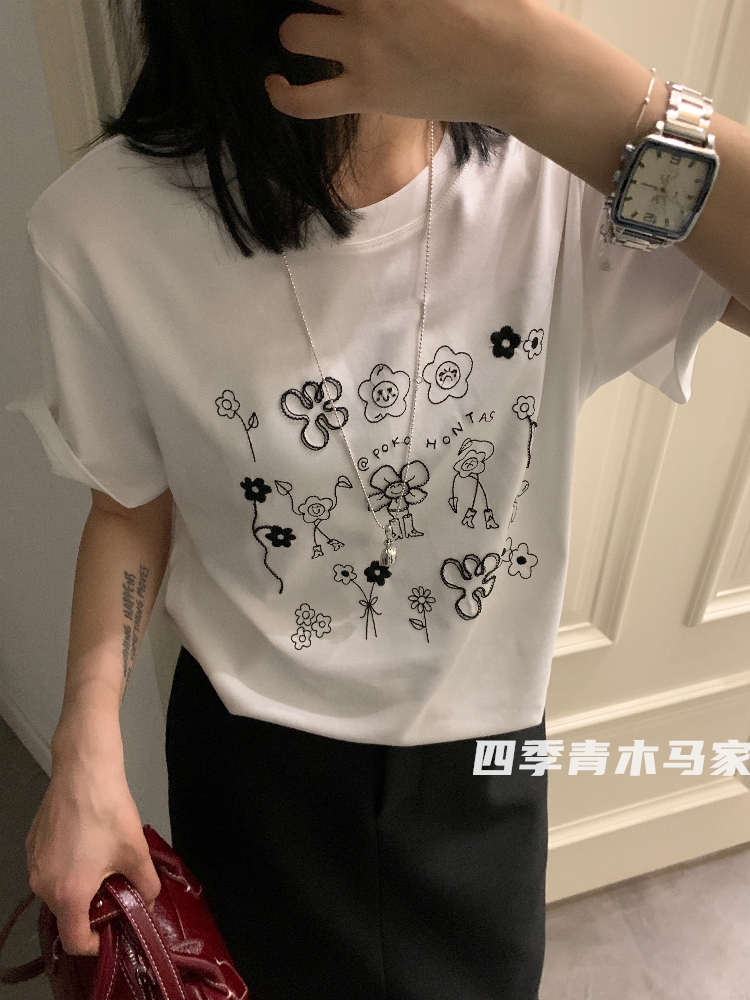 木马家 重工艺 立体刺绣花朵tee