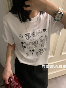 木马家 重工艺 立体刺绣花朵tee 三色圆领休闲宽松短袖T恤女上衣