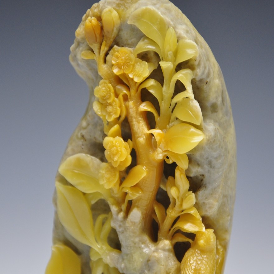 《桃花朵朵》青田金玉冻 石雕摆件 主体一体雕刻 收藏馈赠