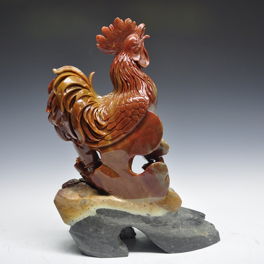 《金鸡报晓》石雕精品摆件 寓意吉祥 红红火火