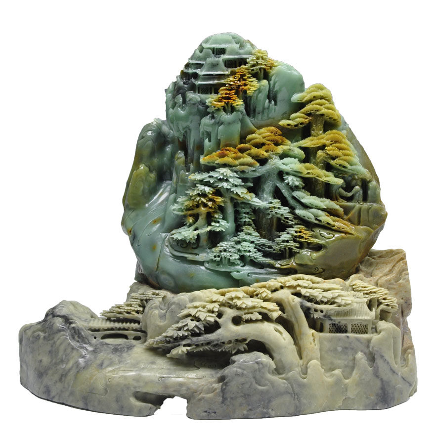 青田石雕摆件 精品收藏 缅甸绿 《迎客松》颜色翠绿