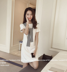 2016夏最新款女装韩版学院风系带条纹中长款圆领短袖T恤连衣