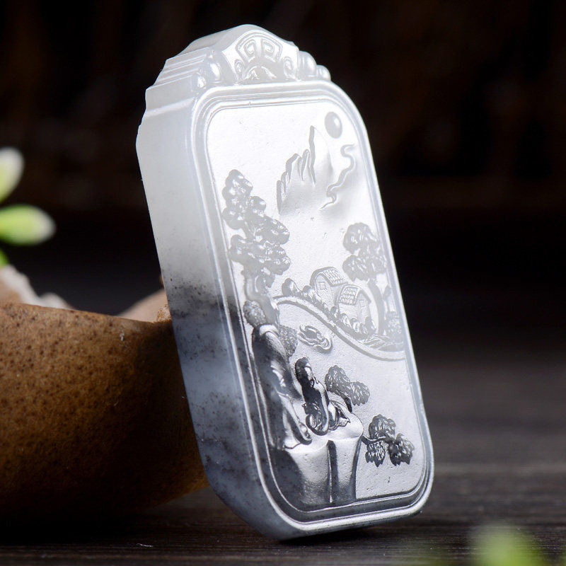 【青花玉牌】和田玉青花玉牌 黑白分明 雕刻精细 肉质细 31克