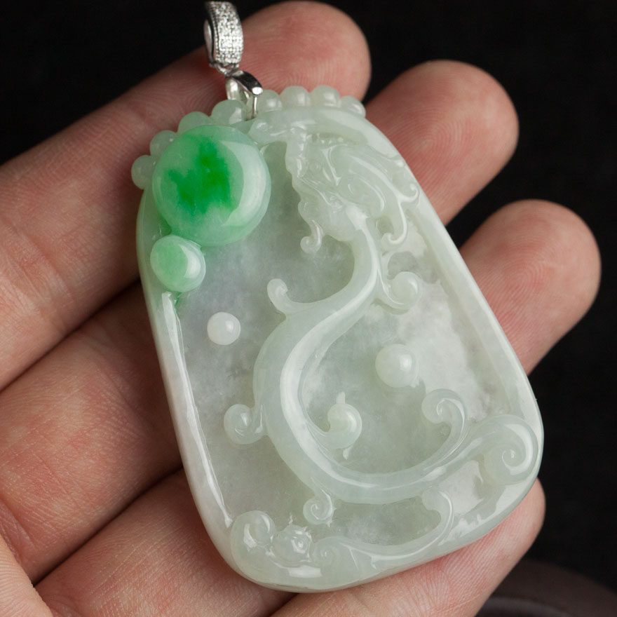 天然翡翠a货精雕老坑冰糯种草龙挂件30.79g wx07