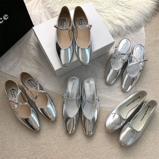 高级感银色单鞋韩版女鞋平底包头半拖时尚穆勒鞋2024春款玛丽珍鞋