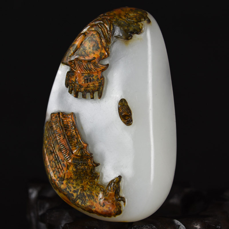 国家级玉雕大师张保国作品 和田玉亭台楼阁挂件 95.94克