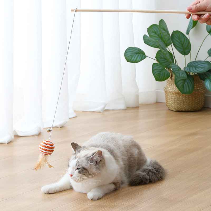 猫咪逗猫棒纸绳编织羽毛铃铛挂件实木逗猫玩具木杆斗猫棒