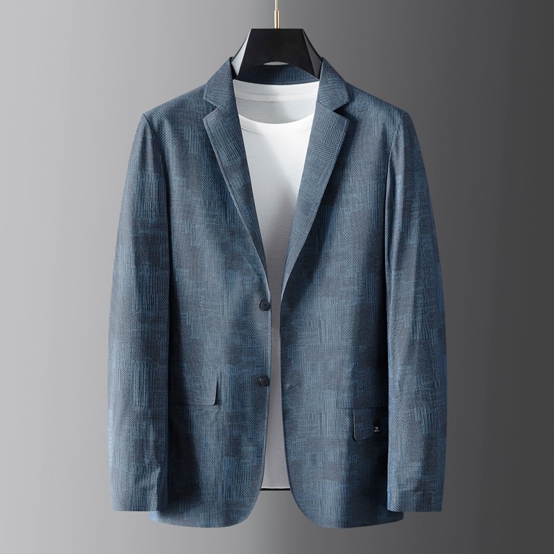 绅士魅力时尚明暗不对称几何图案西服外套春秋薄款高档休闲单西男