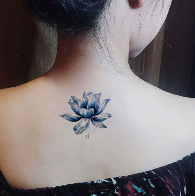 酷玩天下纹身贴 蓝色莲花水彩荷花性感 防水女纹身贴女性感