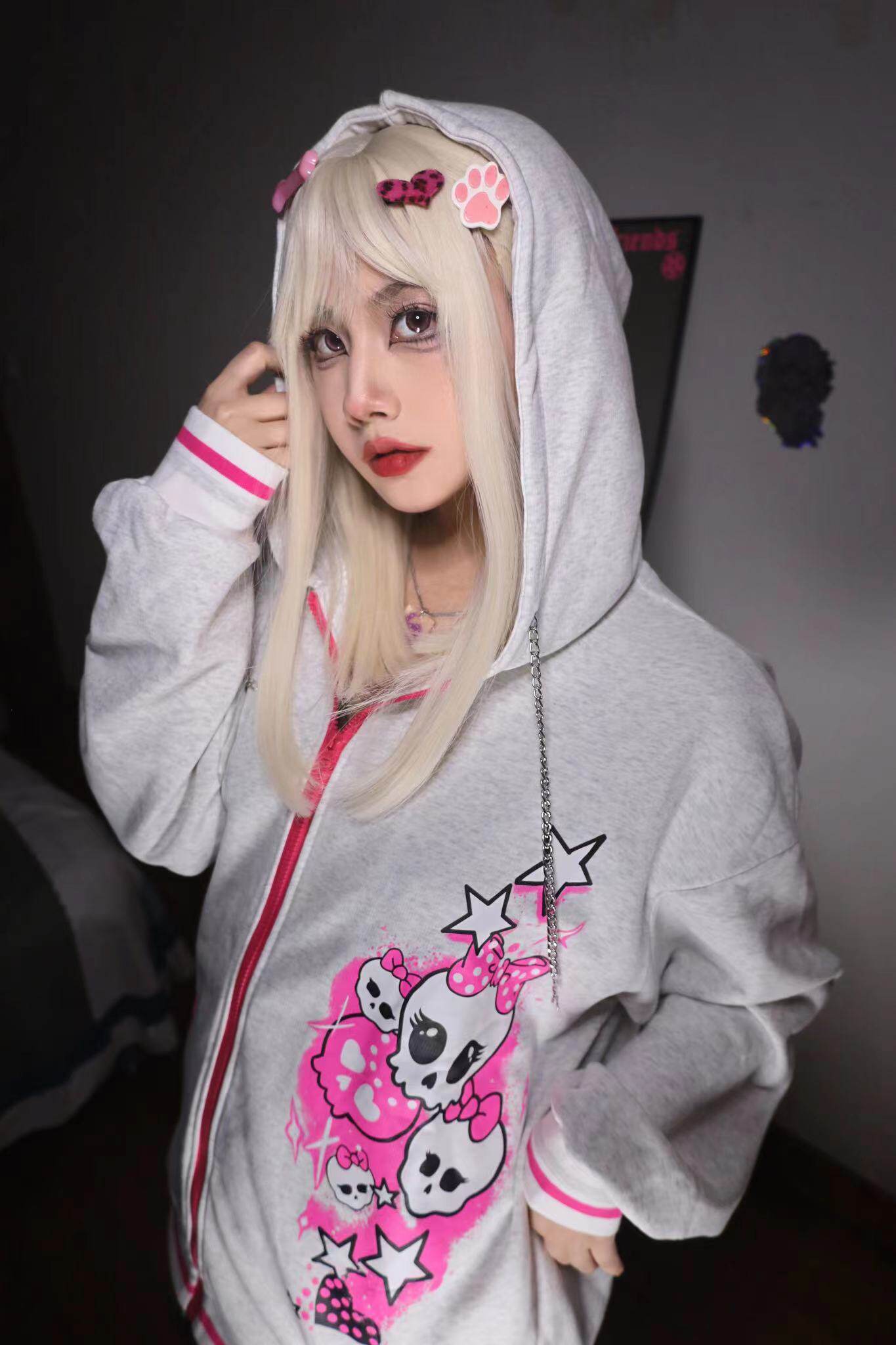 2022原创 春季薄款原宿风辣妹日系宽松连帽外套印花卫衣小众上衣