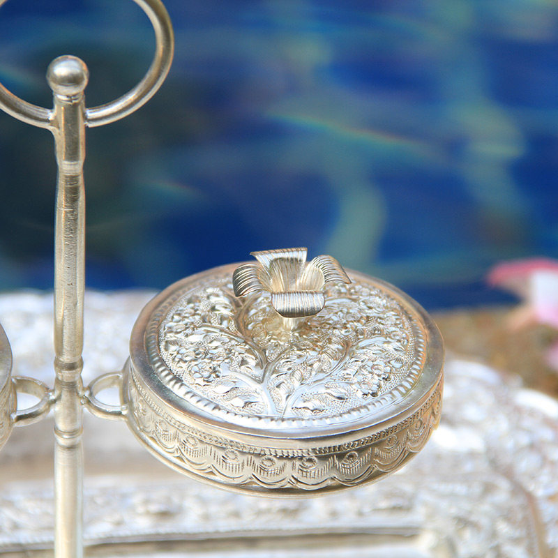 泰国开光手工银器套装50%银 托盘直径38cm 重约686克