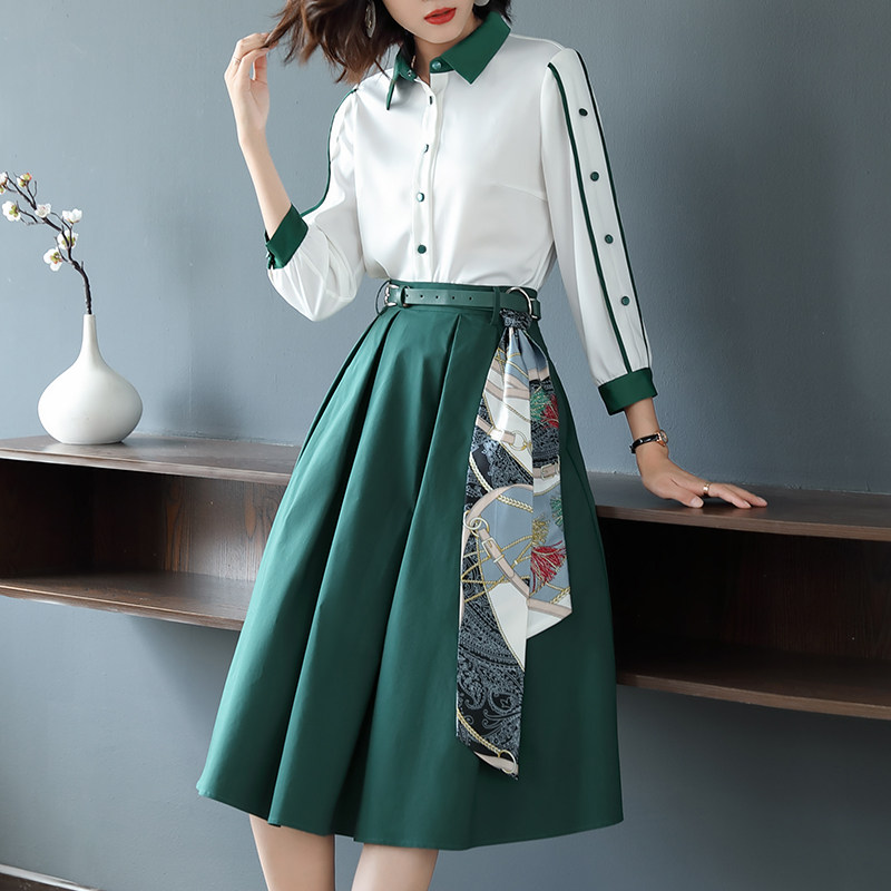 鹿歌2021秋冬新款气质拼接长袖衬衫收腰显瘦半身裙两件套裙套装女