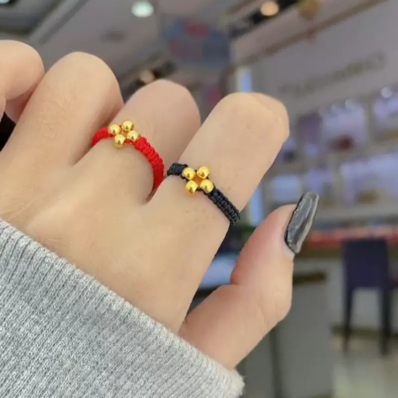 小金豆编织999足金红绳戒指幸运四叶草黄金指环24k纯金对戒情侣款