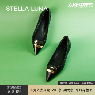 STELLA LUNA女鞋春夏新款单鞋钻切方扣小牛皮法式尖头黑色平底鞋