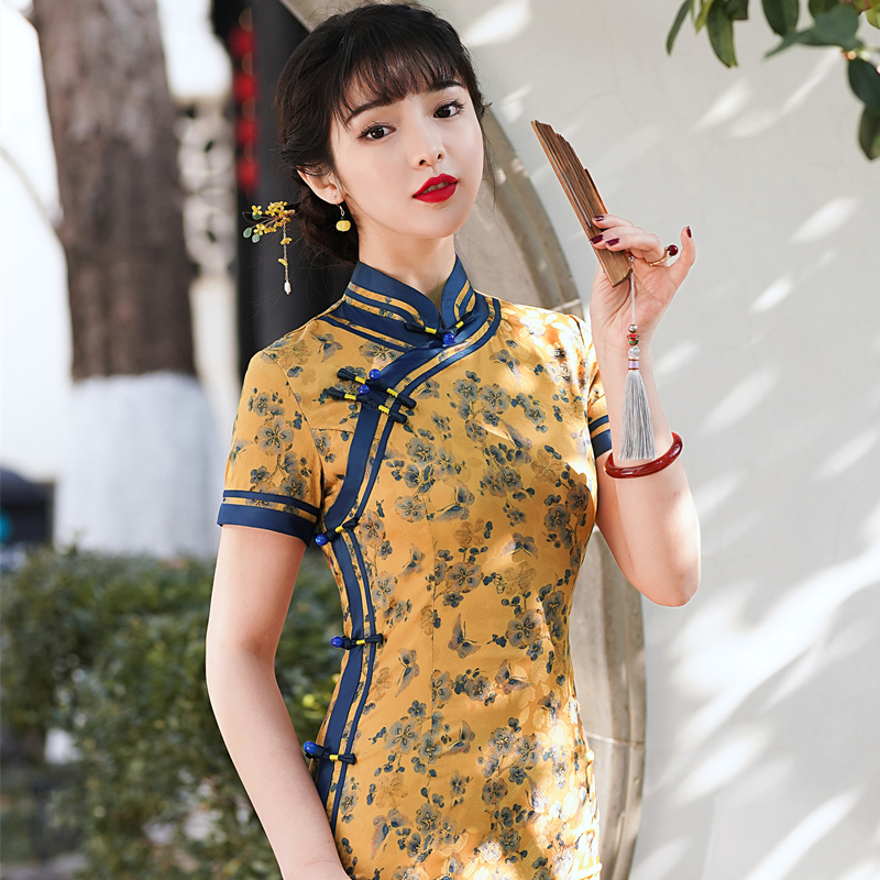 贝佳斯旗袍窈窕淑女短袖斜襟花色长款滚边钉珠日常宴会2022年夏季