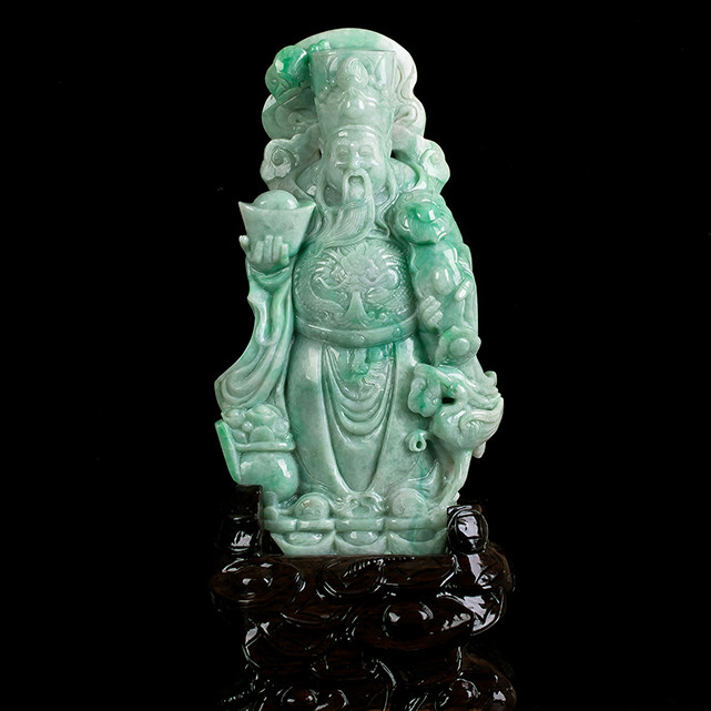 天然a货飘绿财神爷翡翠摆件3.88千克(配送底座)