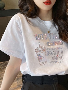 韩国纯棉短袖T恤女士2024夏季新款欧货重工烫钻宽松圆领半袖T恤衫