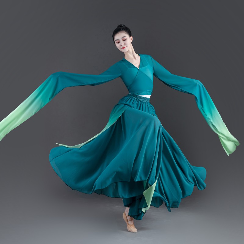 只此青绿古典舞蹈演出服一梦惊鸿舞表演服水袖练功服 720度大摆裙