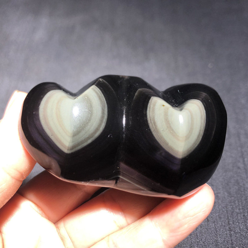 千蕊天然黑曜石心把玩心形原石手把件彩虹眼玲珑石头心实物