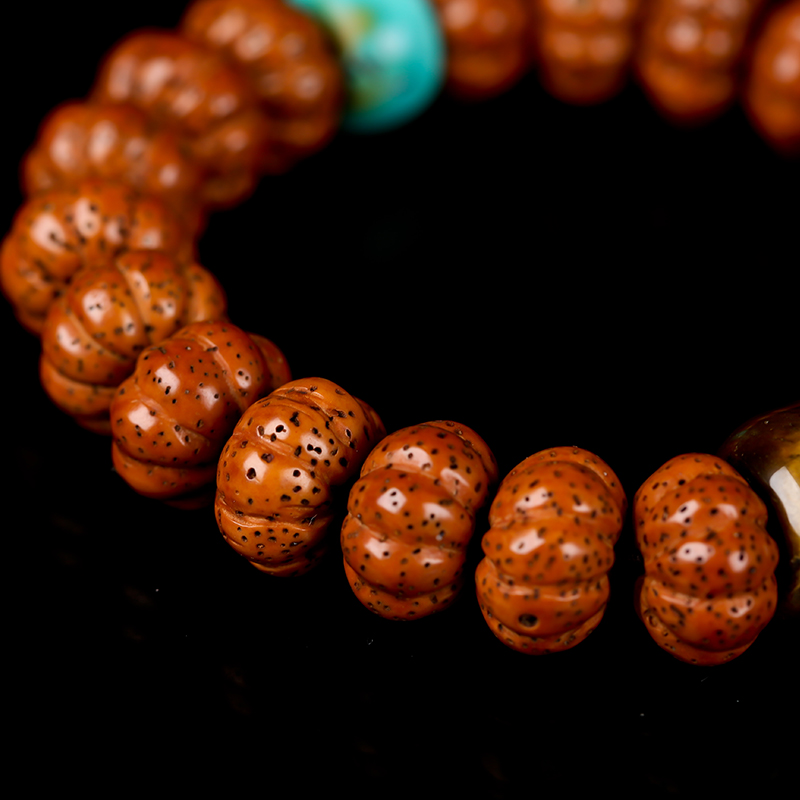 星月菩提南瓜珠手串原矿绿松石配饰 双林禅寺义拍佛法加持 31.4g